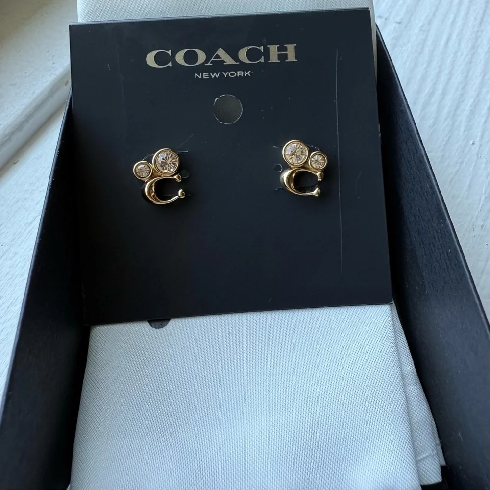Coach Crystal C Logo Stud Earrings Gold Tone | Signature Logo Sparkle | NWT - Picture 2 of 3
